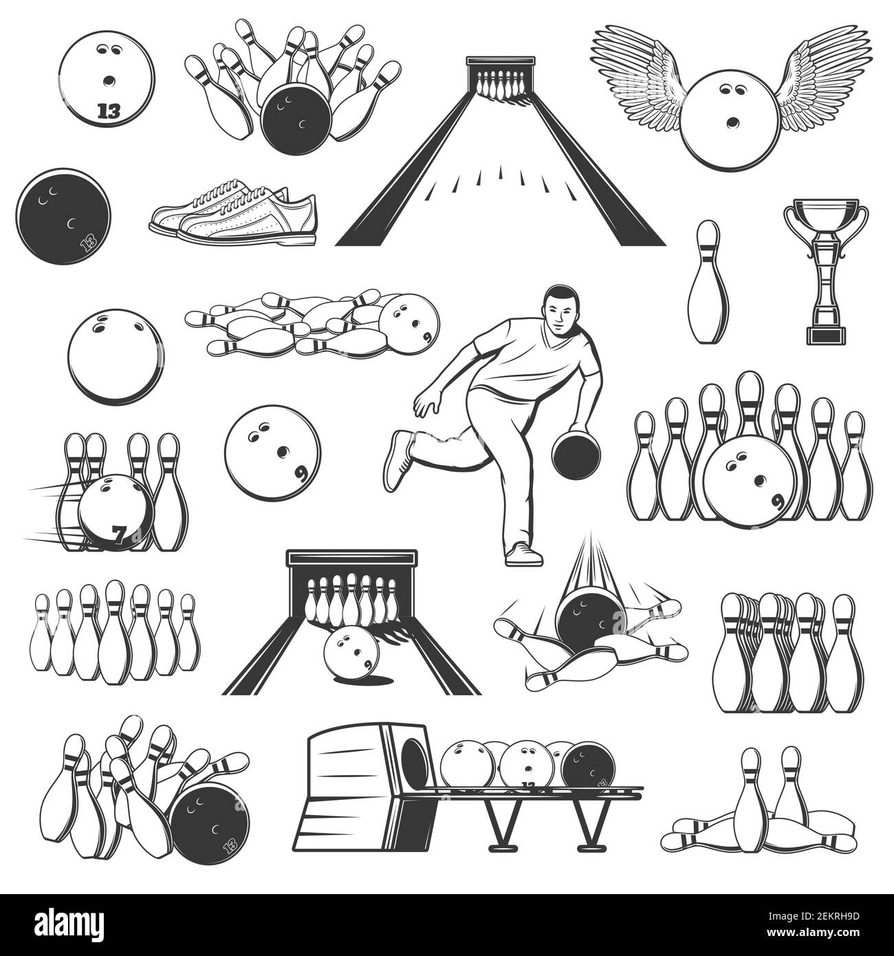Bowling sport isolated item icons. Vector ninepins, trophy cups and alleys, ten-pins and winged ball with lanes, bowler and shoes, bowling pins shelve Stock Vector