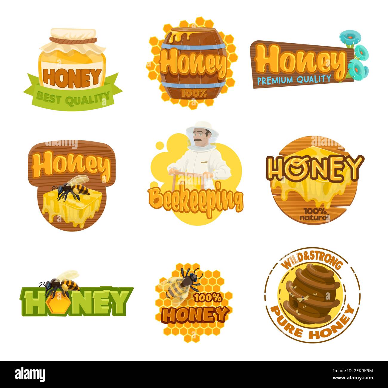 Honey and beekeeping farm isolated icons. Vector apiarist and jar with ...