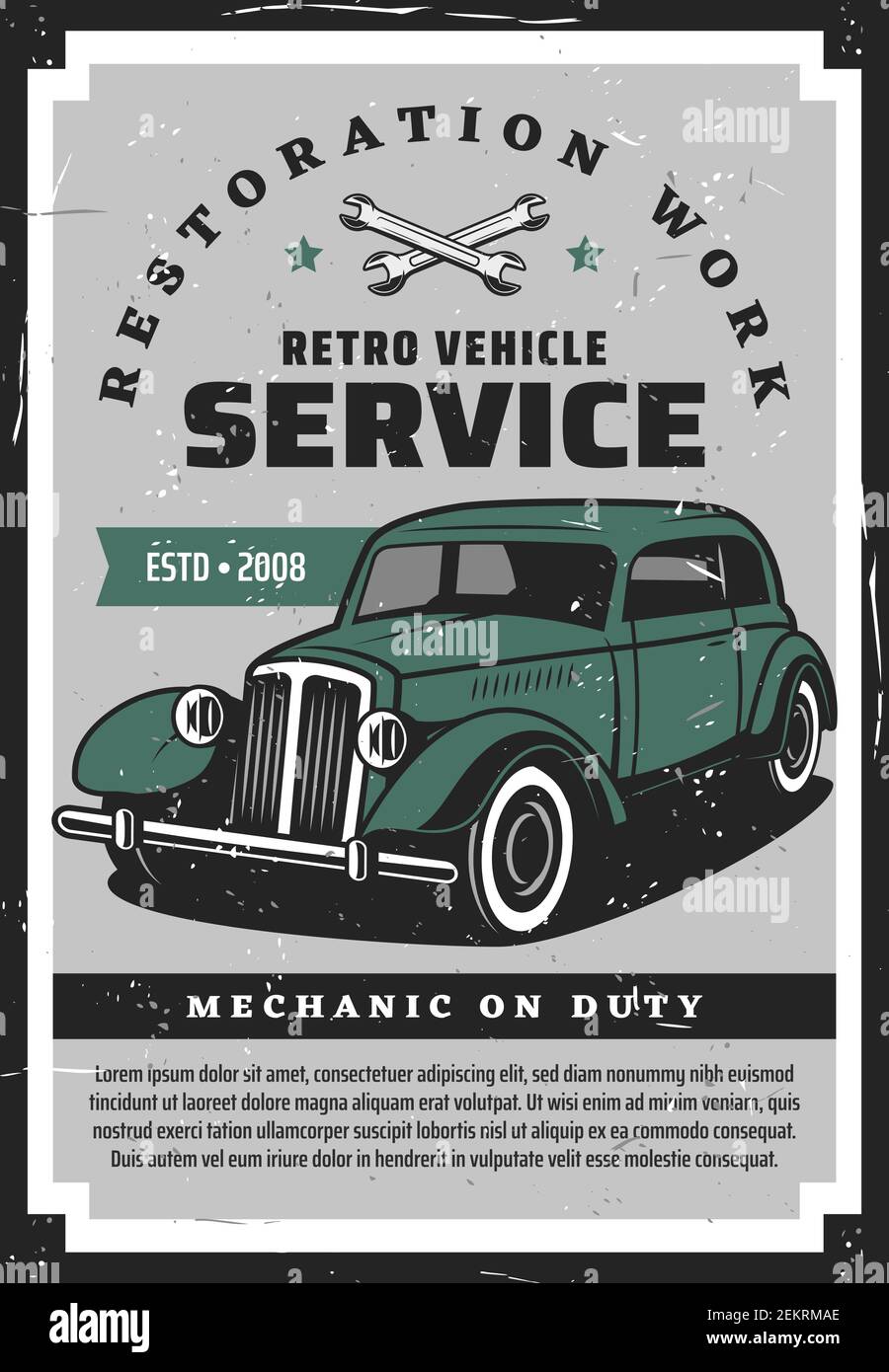 Retro vehicle service, restoration works. Vector rare transport restoring, crossed spanners and green vintage car, mechanic on duty. Spare parts repla Stock Vector