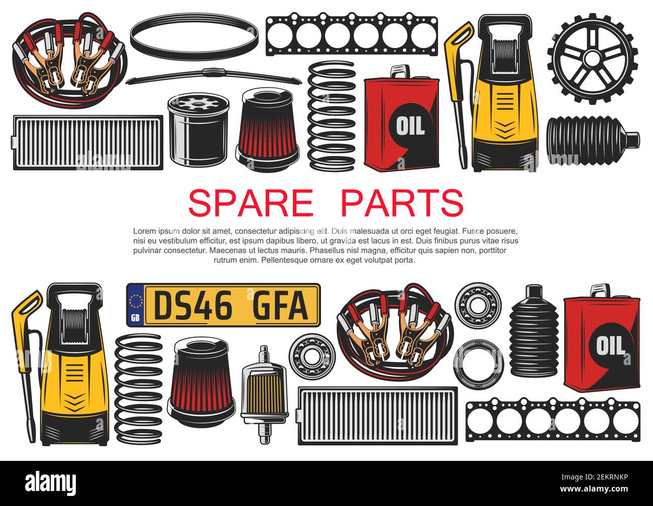 Spare parts, car accessories. Vector high-pressure cleaner, air filter and  vehicle number plate, motor oil, engine belt. Wiper blade and start battery  Stock Vector Image & Art - Alamy