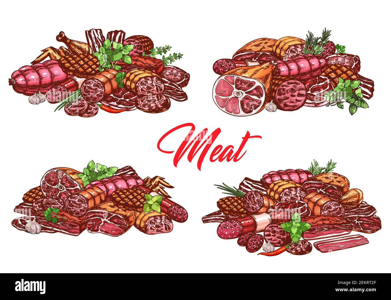 Meat food and sausages, butchery shop and farmer market gourmet products vector sketch. Butcher pork, lamb and beef steak, ham and bacon, filet and mu Stock Vector