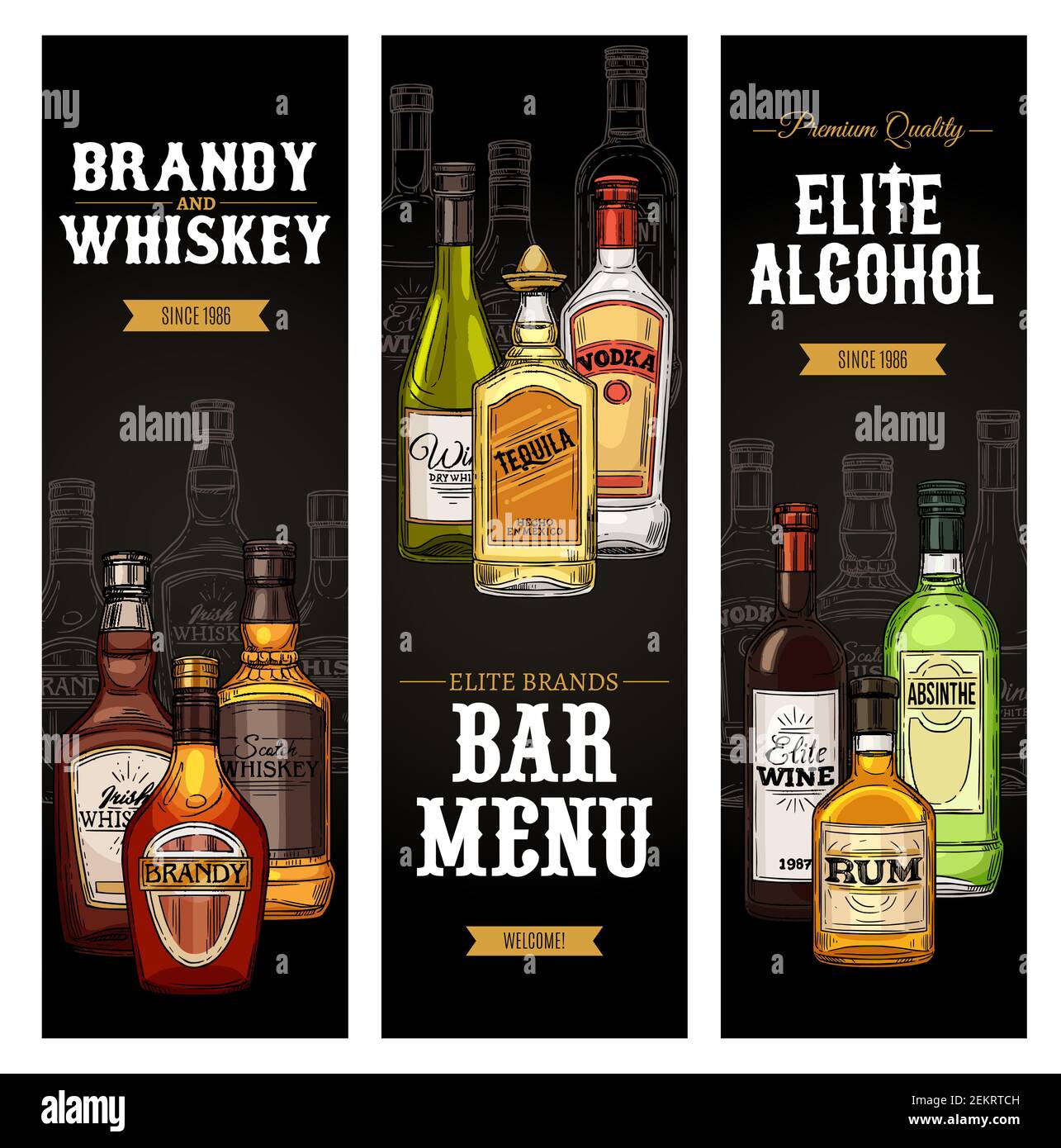 Drinks menu vector design of bar or restaurant. Bottles of alcohol