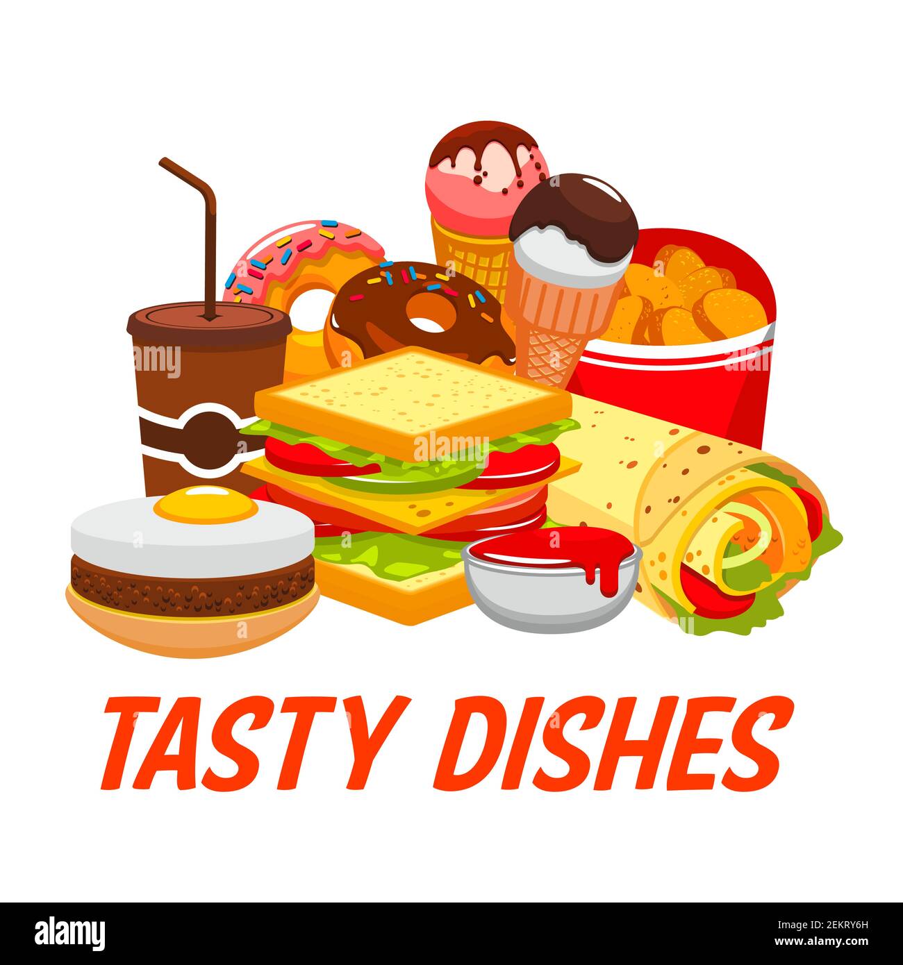 Fast food burger, drink and dessert vector design of fastfood