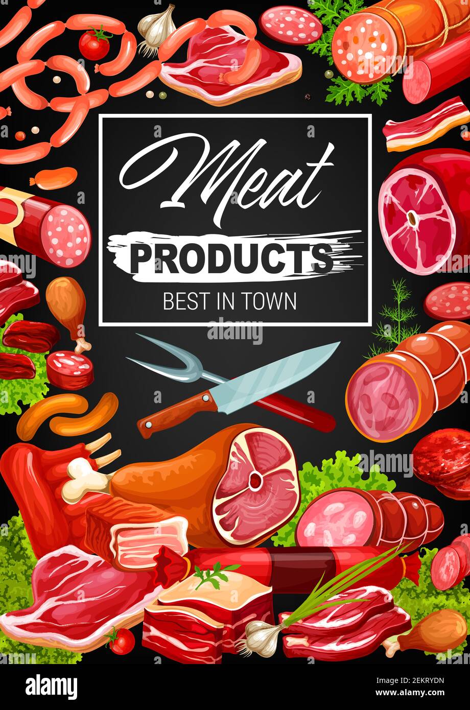 Gourmet meat and sausages, butcher shop products and delicatessen. Vector butchery pork, beef meat and mutton ribs, steak sirloin, barbecue brisket wi Stock Vector