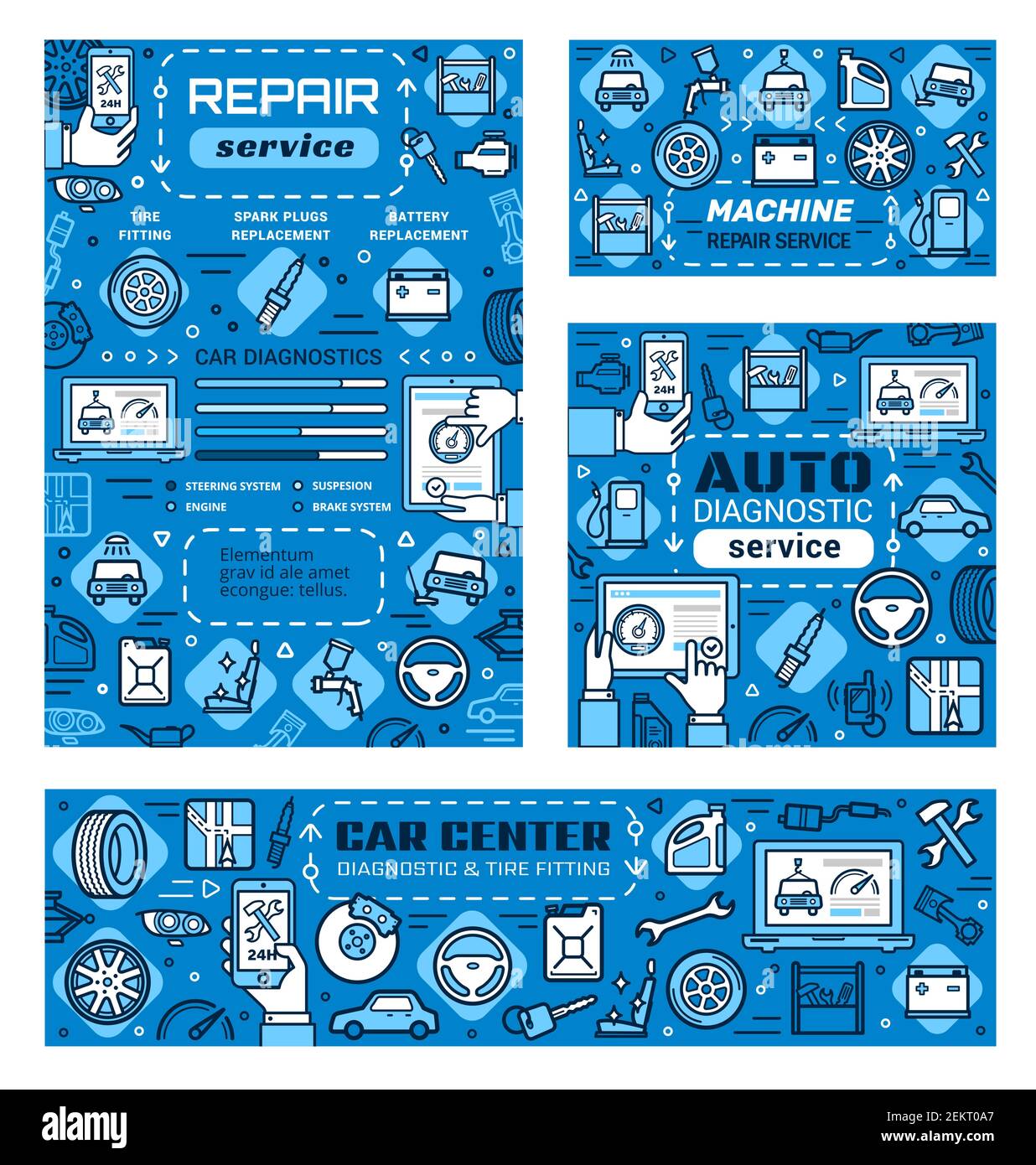 Car service, auto mechanic repair, maintenance and diagnostics station. Vector illustration of engine oil replacement, wheel tire fitting, brakes rest Stock Vector