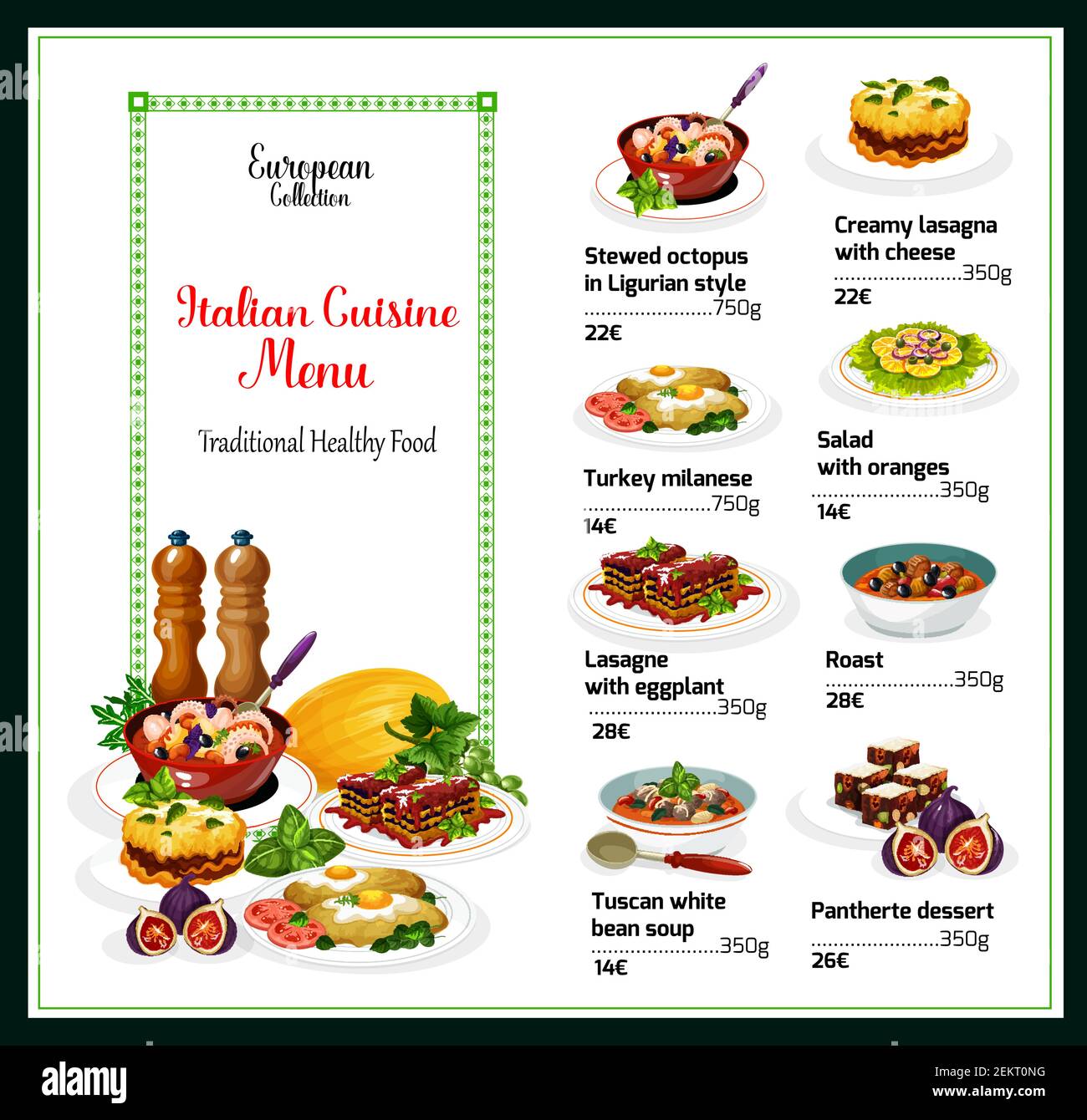 Italian restaurant menu vector template of meat and seafood dishes with ...