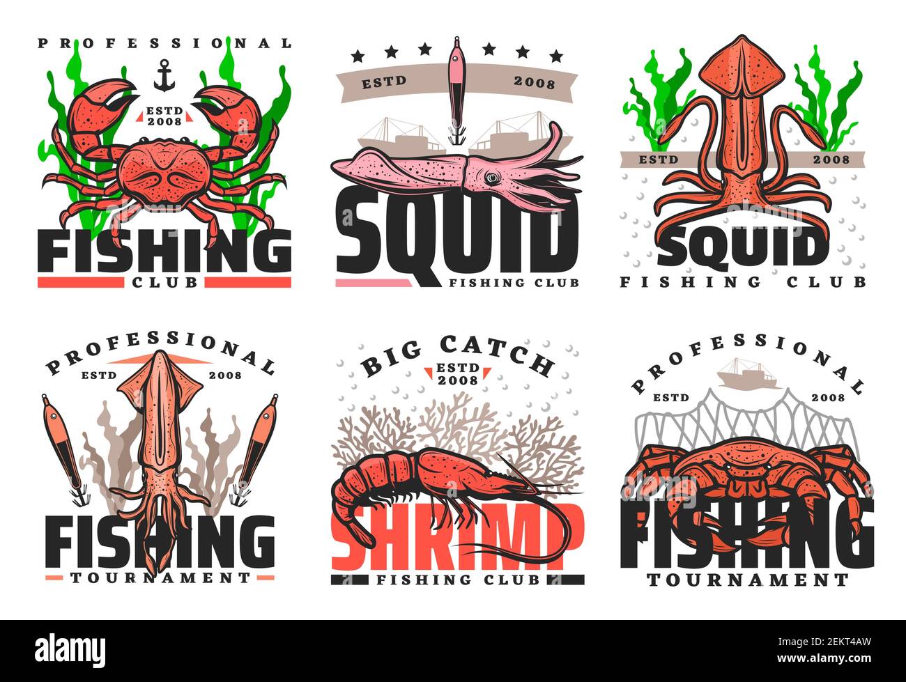 Fishing sport club vector icons with seafood. Crabs, shrimp and squid ...