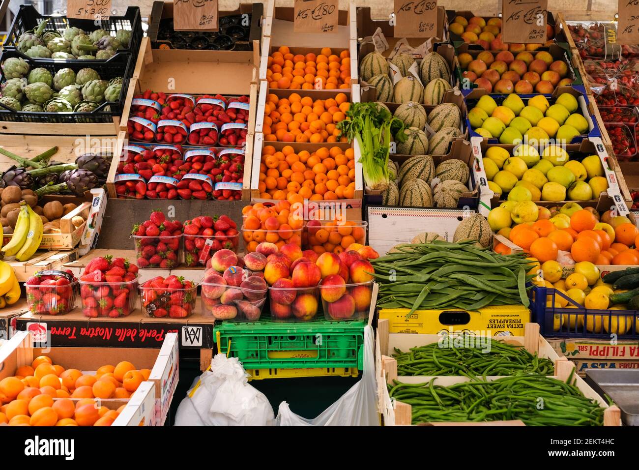 Fruit and vegetables on display at the market in Piazza della Frutta in Padua Italy Stock Photo