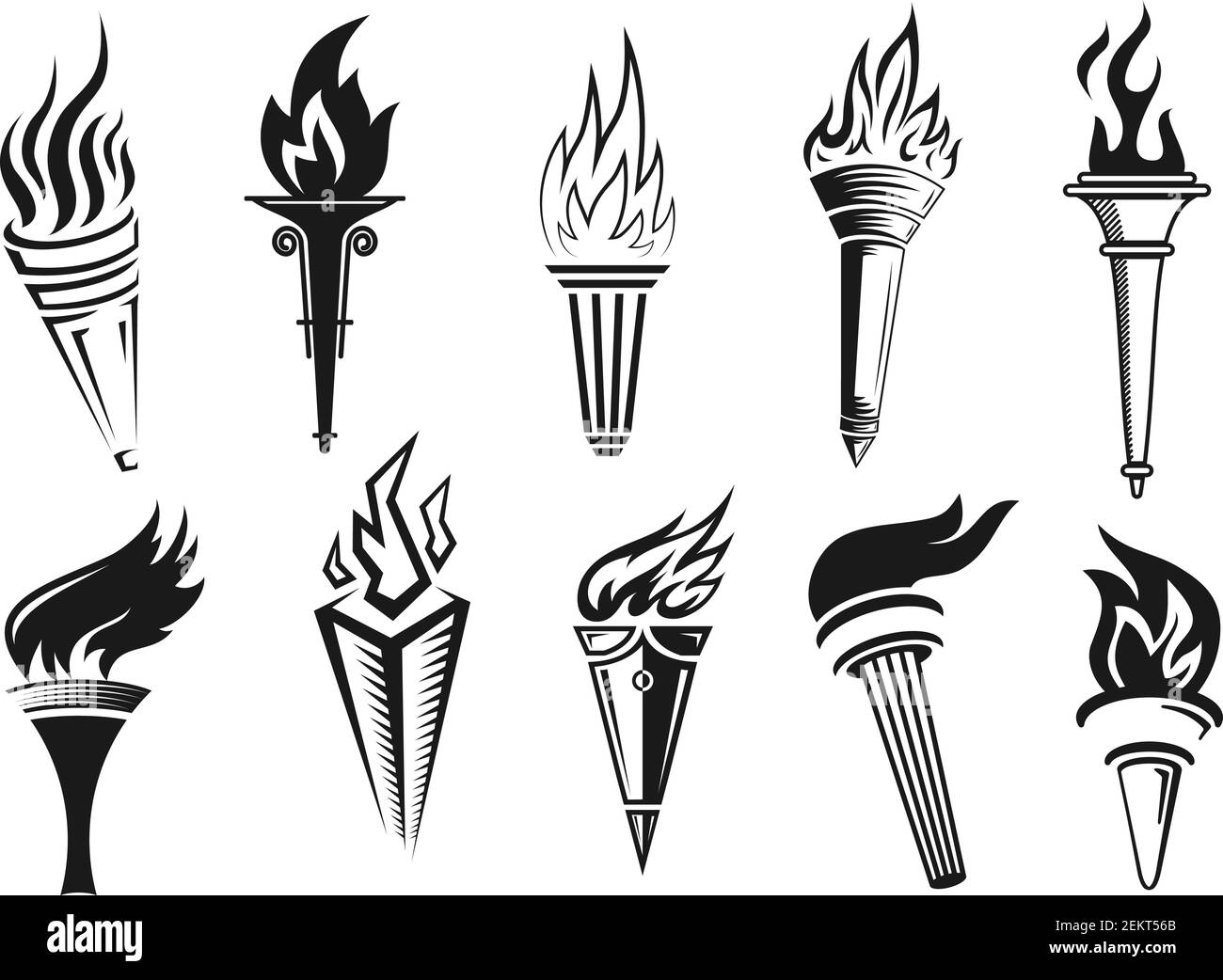 Torch flame vector symbols of victory, liberty, freedom and triumph. Burning torches with bright fire, medieval and modern handles, sport competition Stock Vector