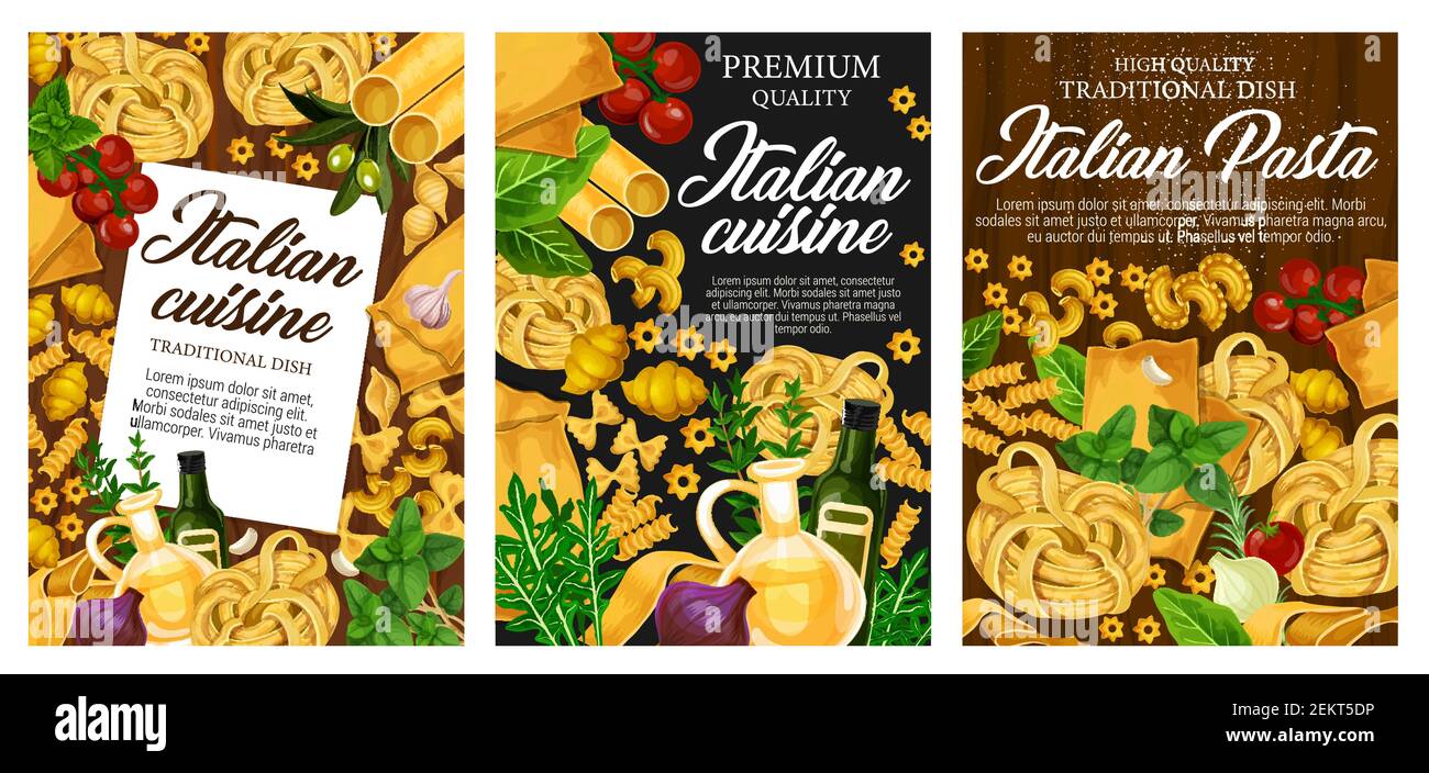 Italian cuisine pasta, traditional dishes. Vector homemade conchiglie, gnocchi and farfalle. Noodles, spaghetti, macarones and lasagna with cooking sp Stock Vector