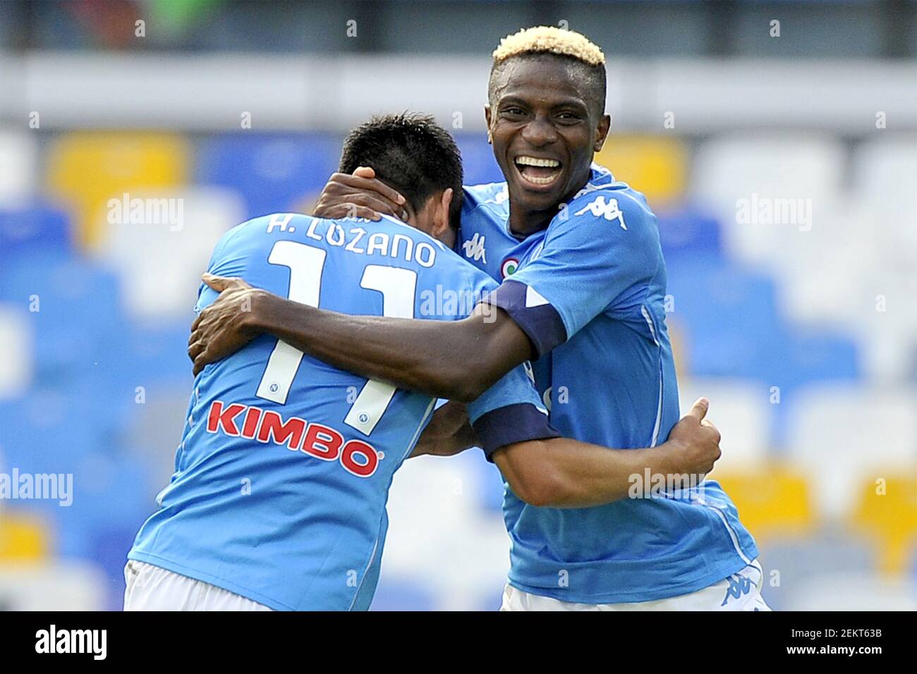 Hirving Lozano and Victor Osimhen player of Napoli hug each other to  celebrate the goal, during the match of the Italian Serie A football  championship between Napoli vs Atalanta final result 4-1,