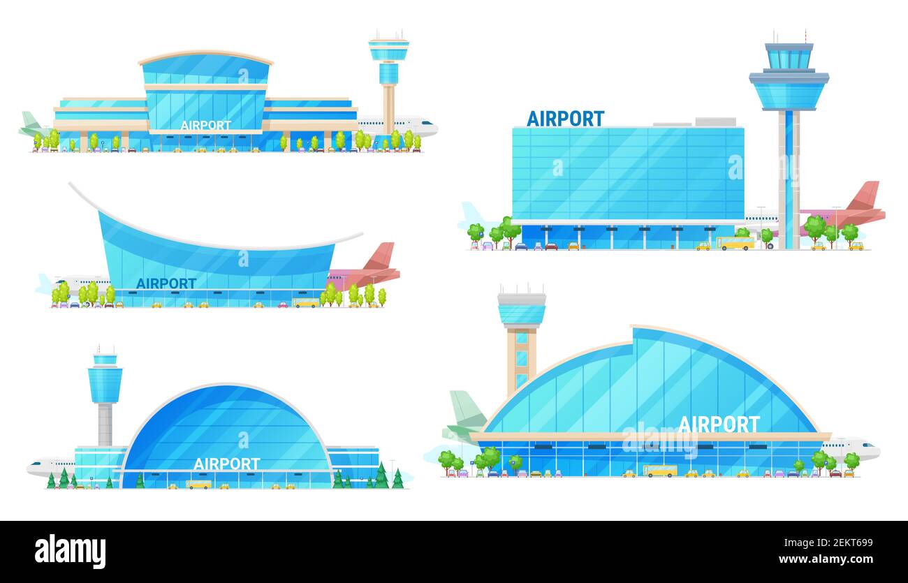Airport modern buildings and traffic control tower isolated vector ...
