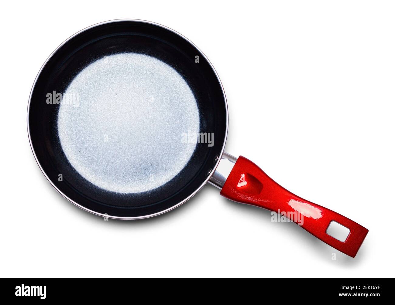 Frying Pan With Red Handle Top View Cut Out. Stock Photo