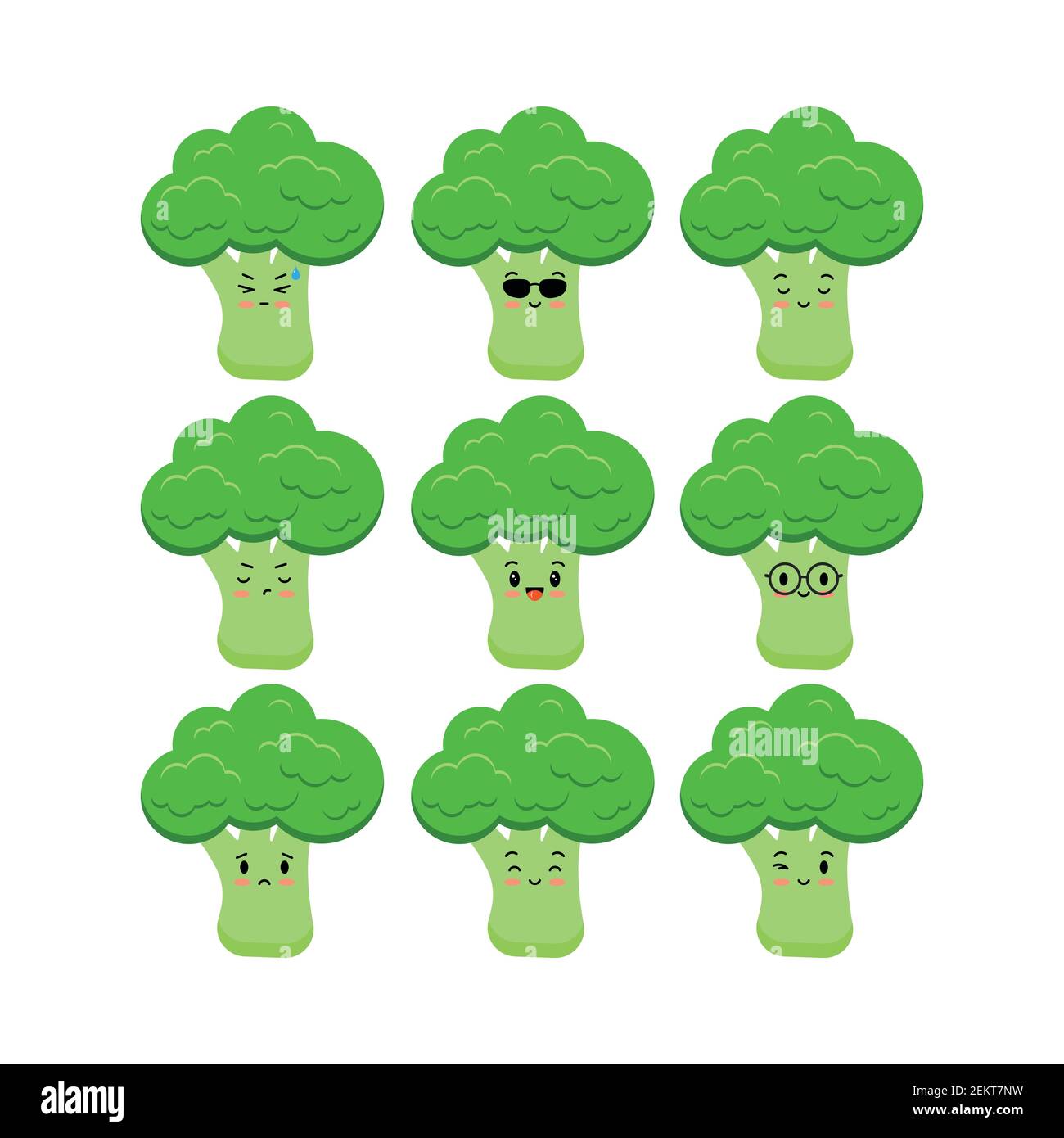 Cute broccoli funny cartoon vegetable icon set isolated on white background. Stock Vector