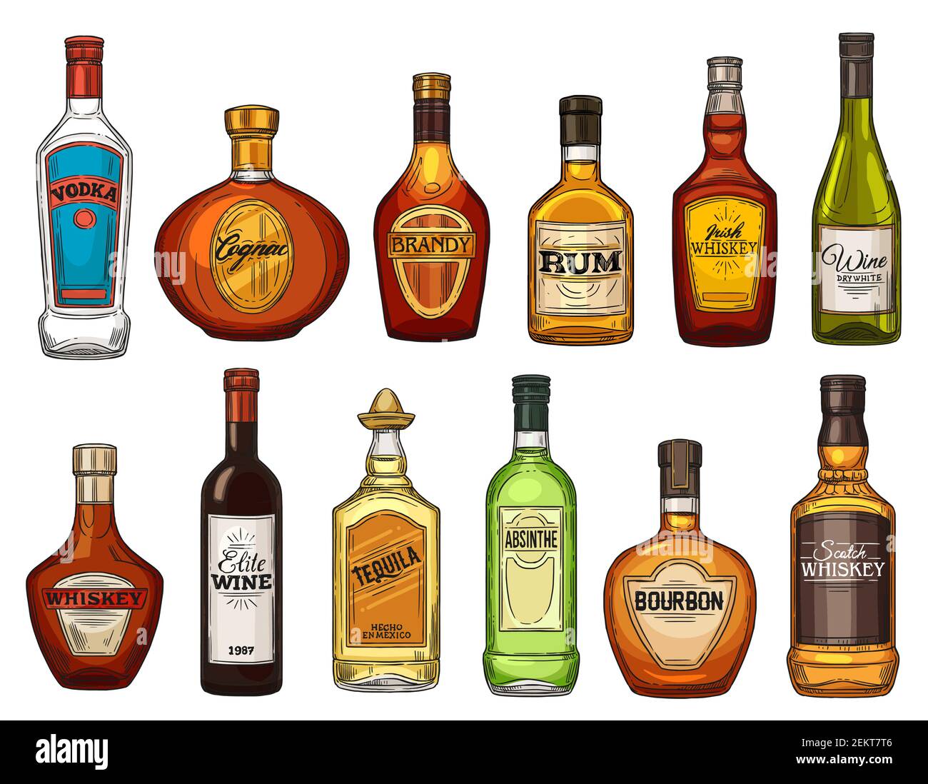 Alcohol drink bottles, bar menu, beverage icons. Vector isolated bottles of quality wine, rum and brandy, Scotch whiskey and vodka, elite alcohol cogn Stock Vector