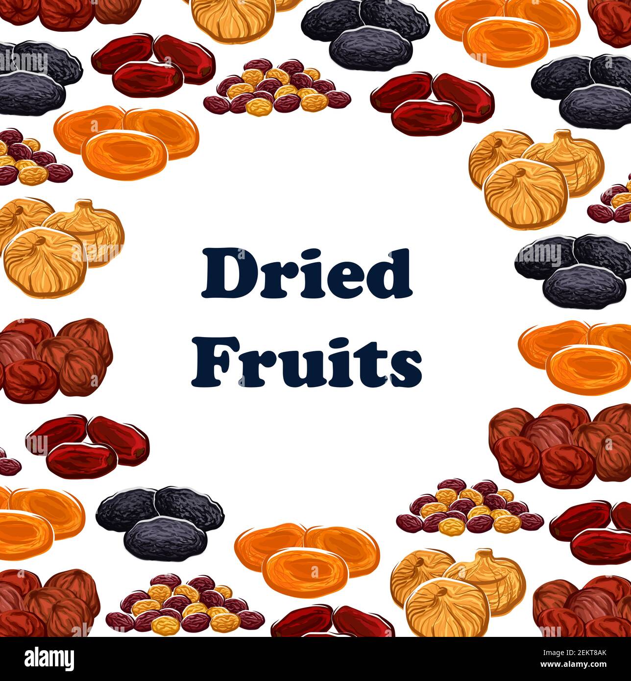 Dried fruits frame of sweet food. Vector dates and raisins, apricots