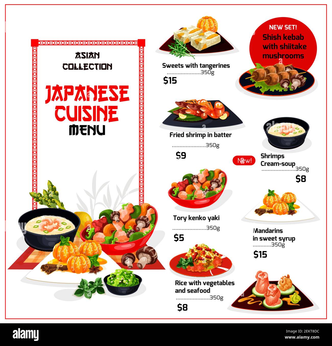 Japanese restaurant menu with asian seafood, vegetable dishes and fruit