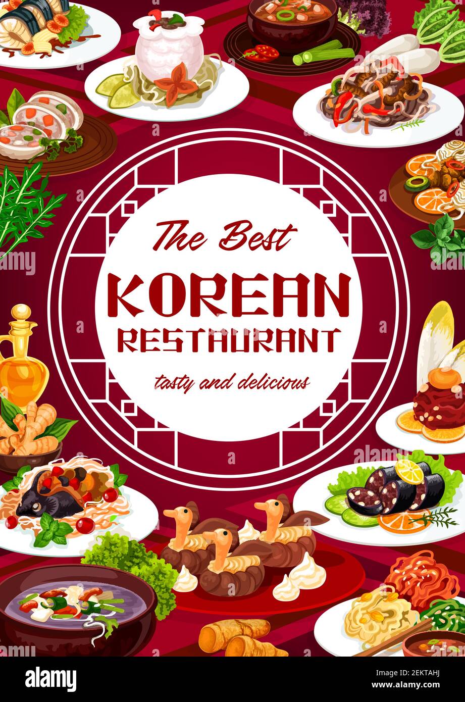 Korean cuisine restaurant, dishes in vector round frame. Spicy kimchi soup, starch noodles with beef, steamed sausages and meat ribs in pot of radish, Stock Vector