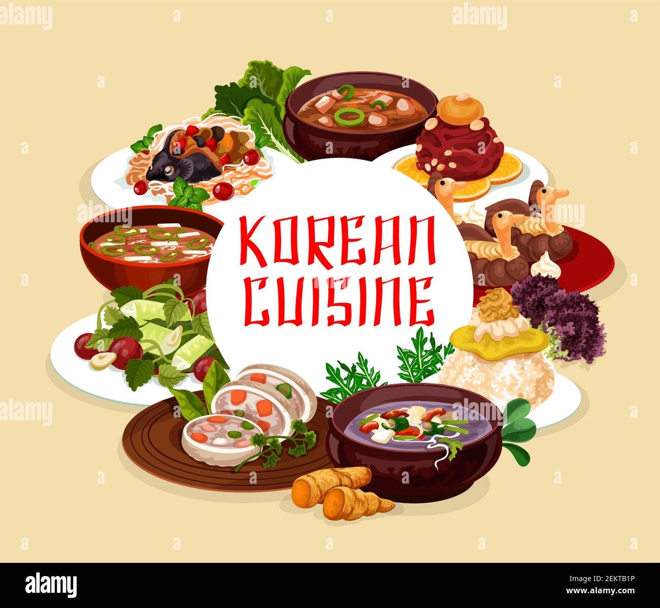 Korean cuisine banners, soups and salads. Vector steamed sausage, orienge shukrim pang, carp with soy sauce and ginger. Salad with cilantro, soup with Stock Vector
