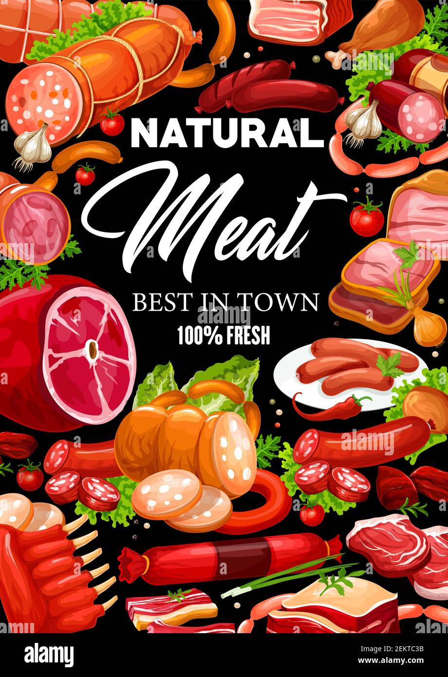 Meat and sausages, butchery shop and farmer market gourmet food products. Vector butcher pork and salami or pepperoni sausages, lamb and beef steak or Stock Vector