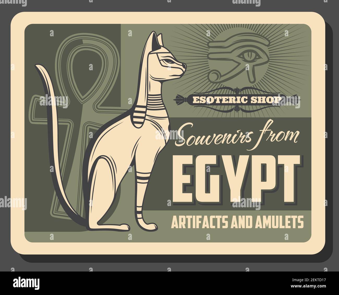 Vector Egypt Pharaoh cat deity, Horus eye and Ankh hieroglyph symbol