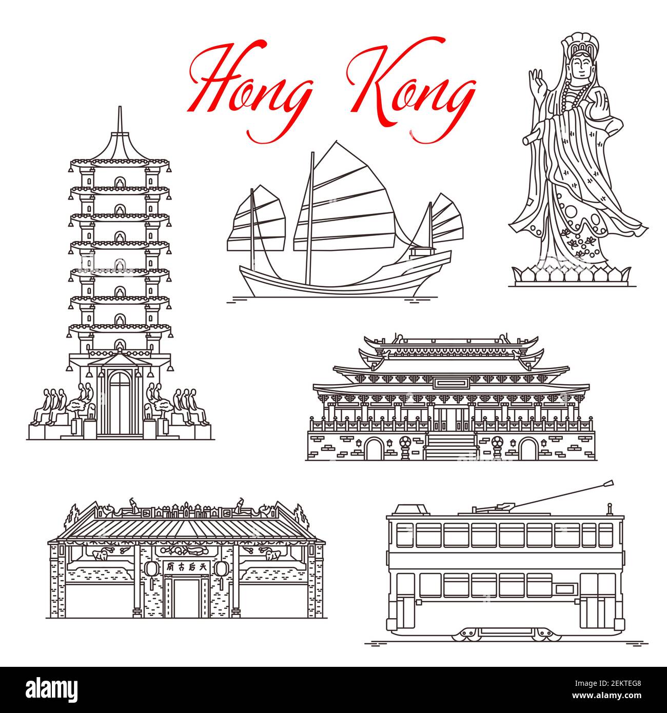 Hong Kong travel landmarks, architecture and famous sightseeing symbols. Vector Mazu sea goddess or Tin Hau Temple, Po Lin and Buddha Monastery pagoda Stock Vector