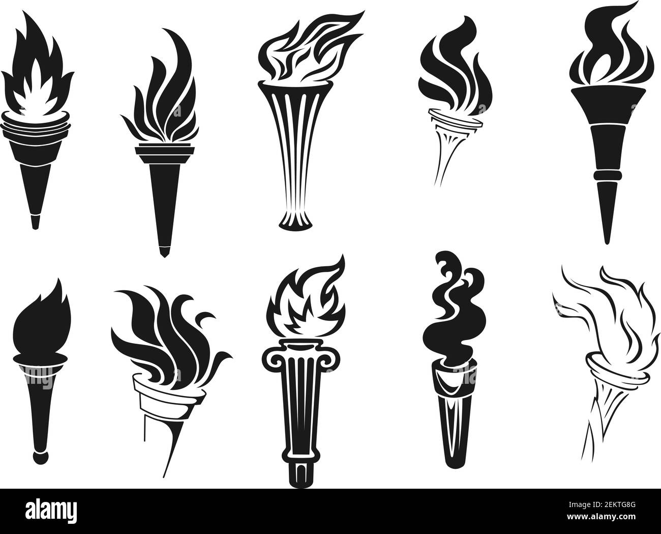 Fire torch vector icons. Vector burning flames, symbols of competition, marathons and rally races, signs of sportive game championship. Monochrome tor Stock Vector