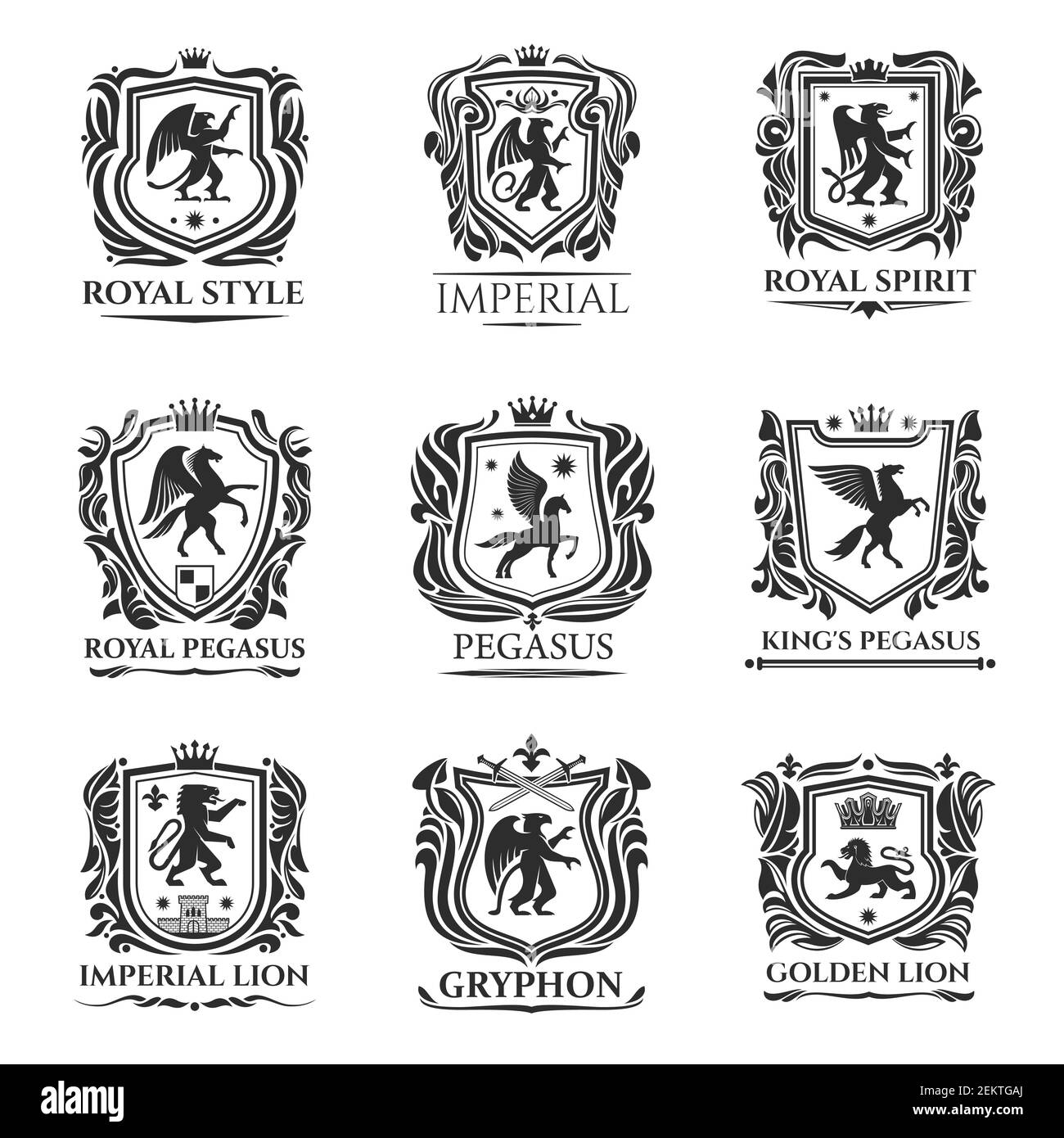 Heraldic animals icons. Medieval vector shield emblems of horse, lion and Pegasus with wings. Heraldry coat of arms, gryphon or griffin eagle bird and Stock Vector