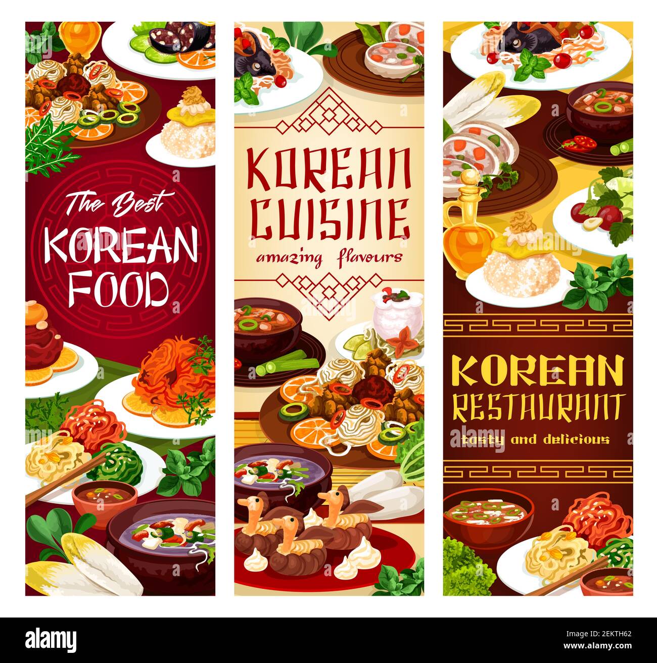 Traditional national food of Korean cuisine. Vector carp, hee from beef, ribs in pot of radish, salad with cilantro. Tasty starch noodles with beef, d Stock Vector
