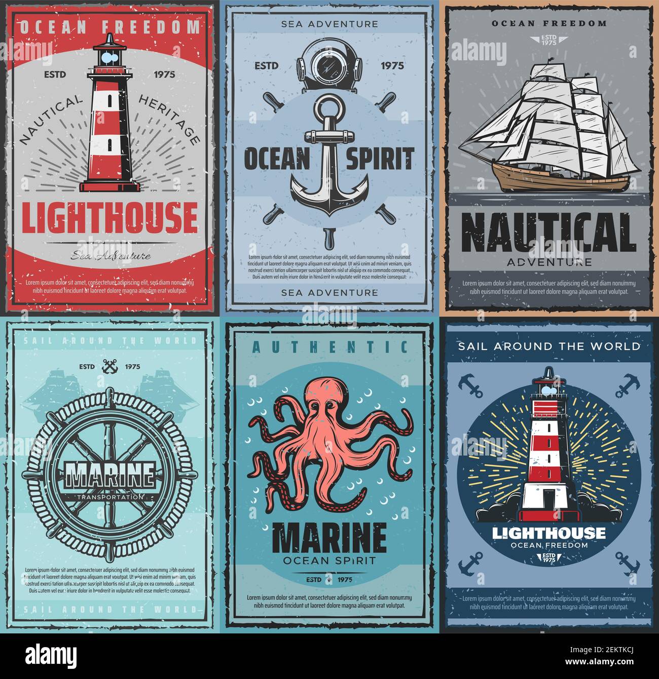Sea adventures, nautical and marine concept, freedom of ocean. Vector retro lighthouse, diving mask, anchor and steering wheel, ship with canvas. Tran Stock Vector