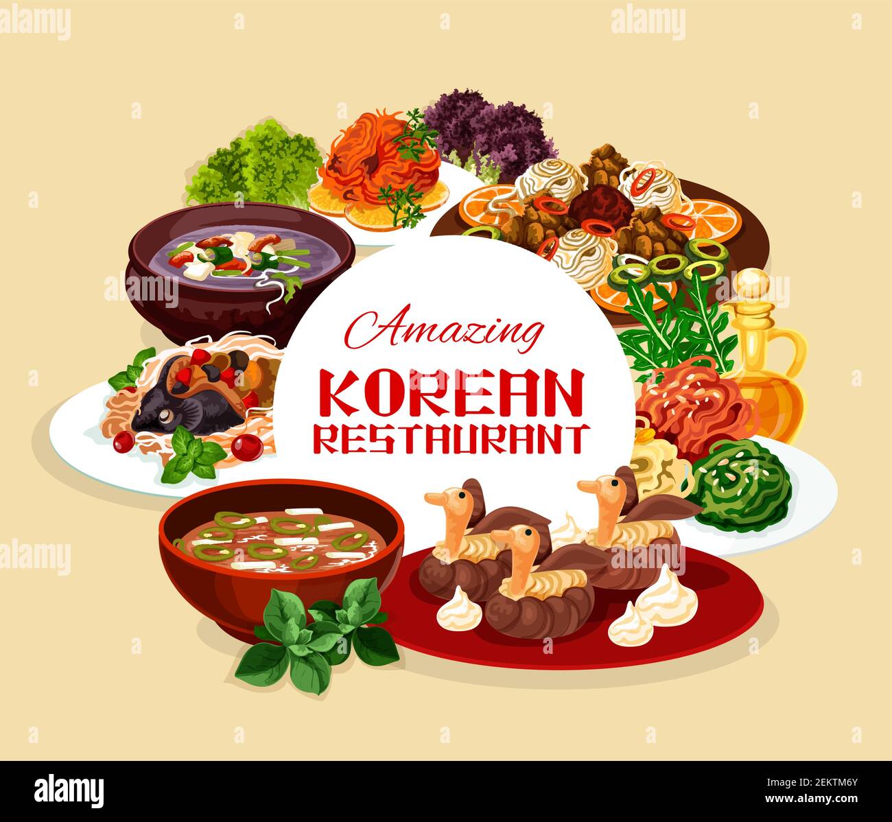 National Korean restaurant banner with traditional food of Korea in bowls. Vector hee from beef, fish with soy sauce, starch noodles. Ribs in pot of r Stock Vector