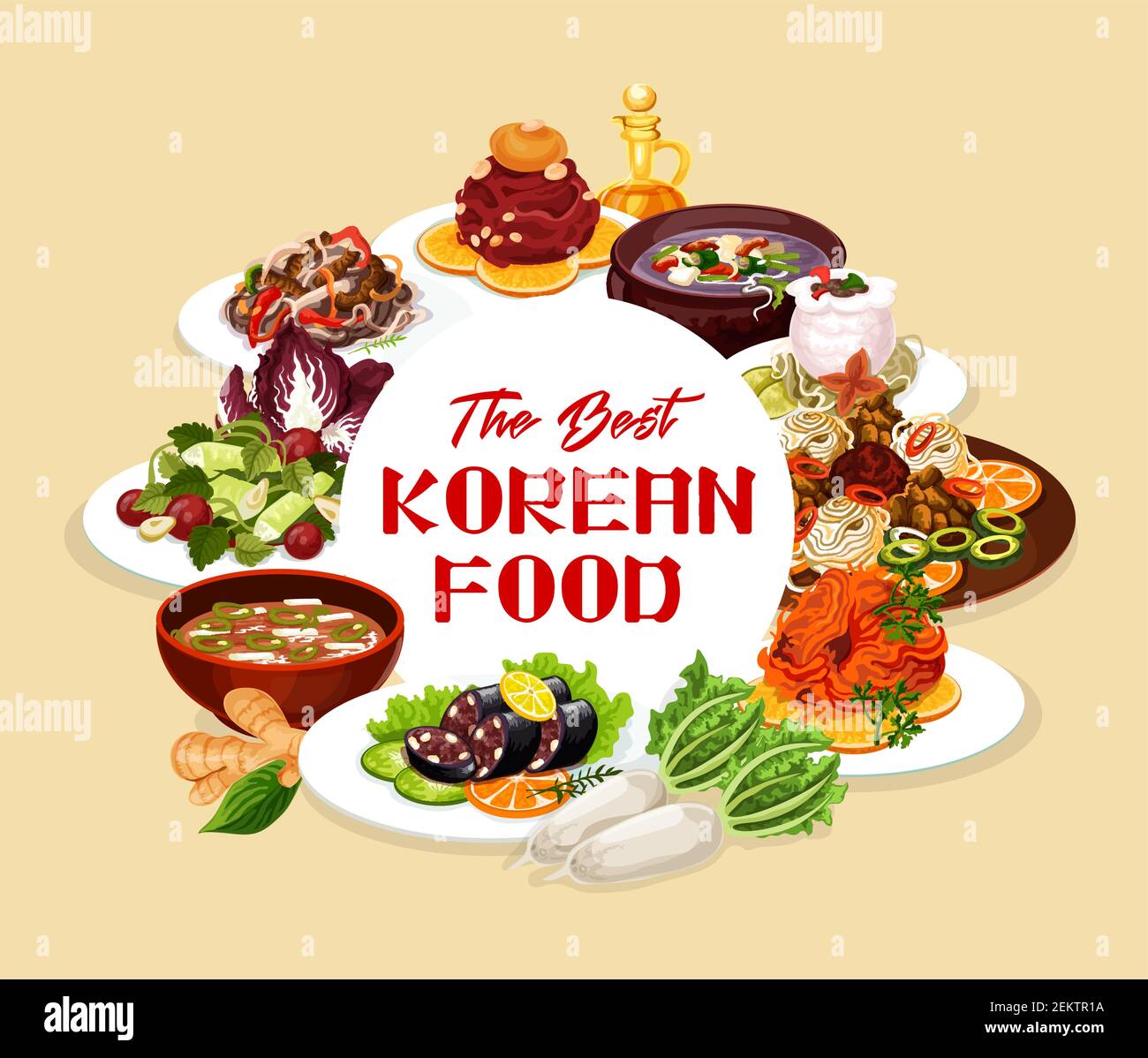 Korean food round frame, vector national cuisine of Korea dishes. Vector dried pollack in hot sauce, spicy kimchi soup, beef ribs in pot of radish. Le Stock Vector