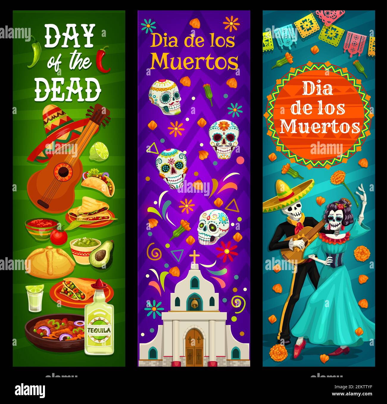 Dia de los Muertos sugar skulls and skeletons vector design of Day of ...
