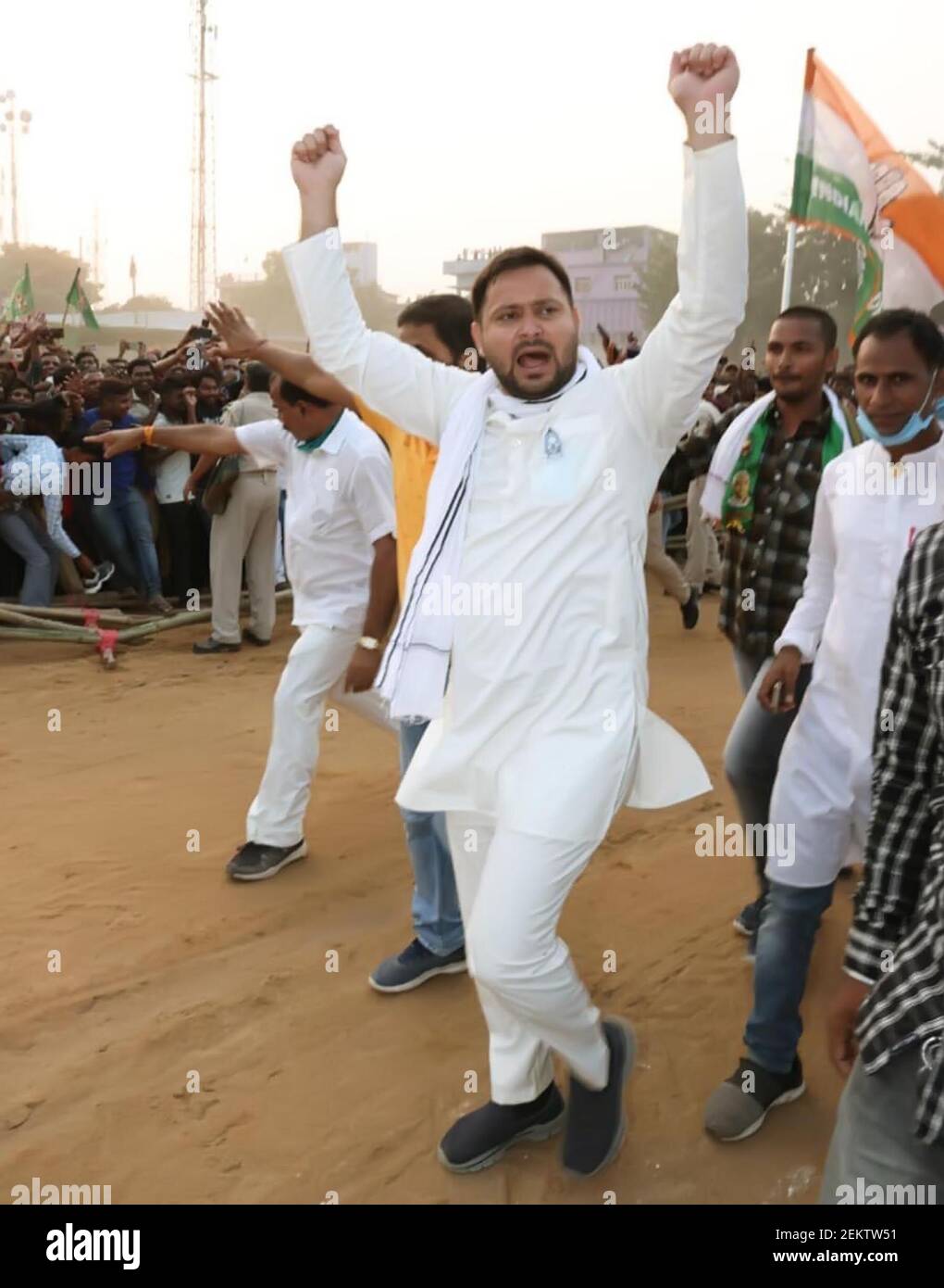 PATNA, INDIA - OCTOBER 21: RJD leader Tejashwi Yadav gestures at the ...