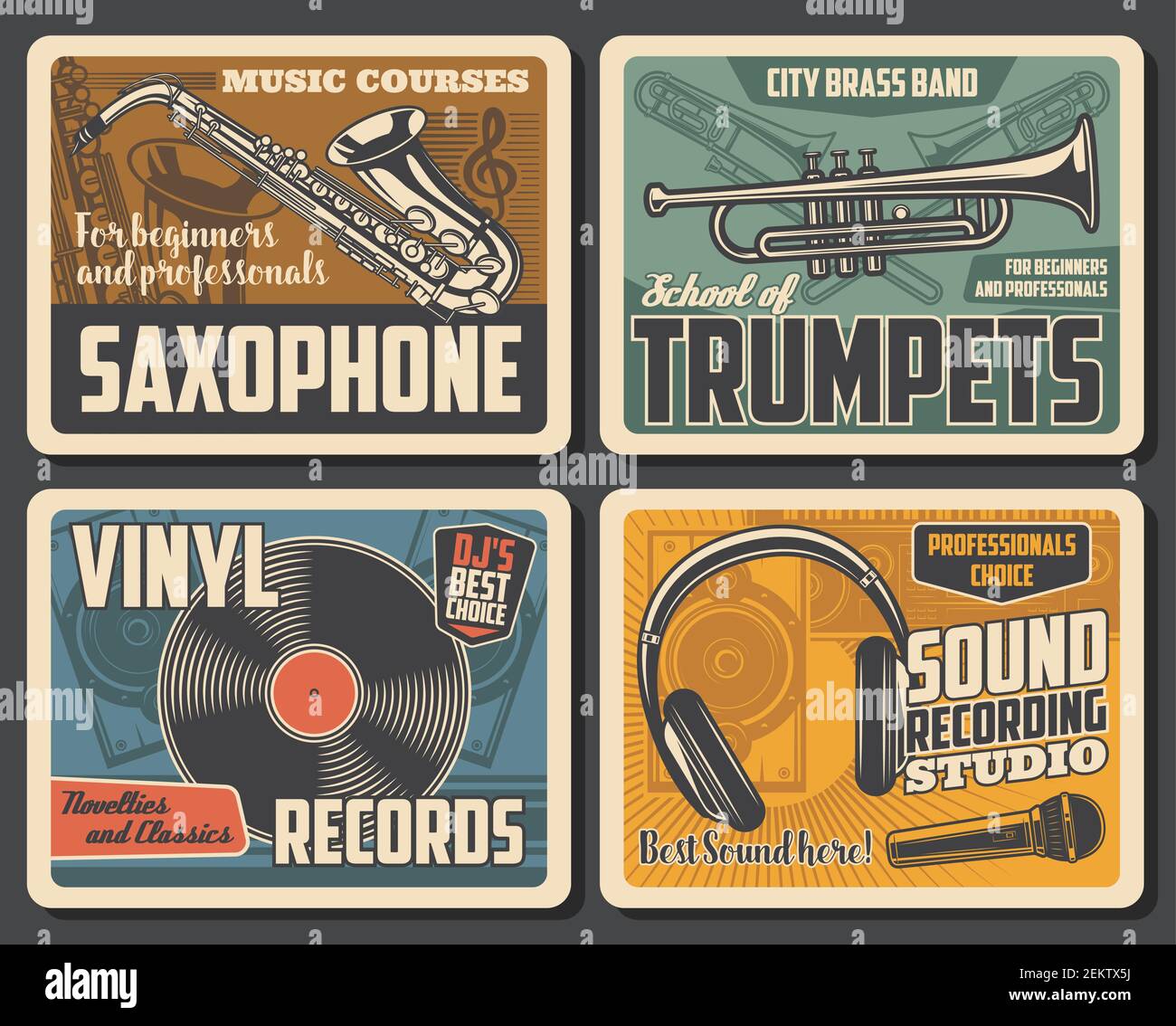 Saxophone and trumpets, vinyl records and sound recording studio. Vector retro microphone and headphones, loudspeakers and brass band. Classical music Stock Vector