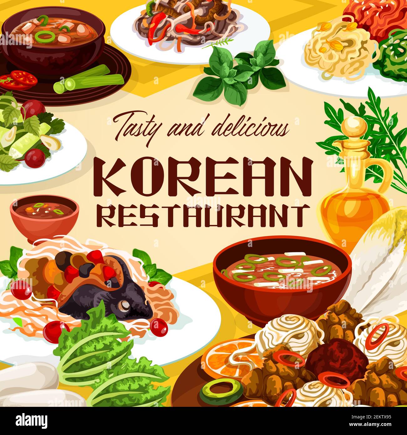 Food of Korean restaurant, national meals of Korea cuisine. Vector spicy kimchi soup and dish with beef, carp with soy sauce, tricolor salad. Noodles Stock Vector