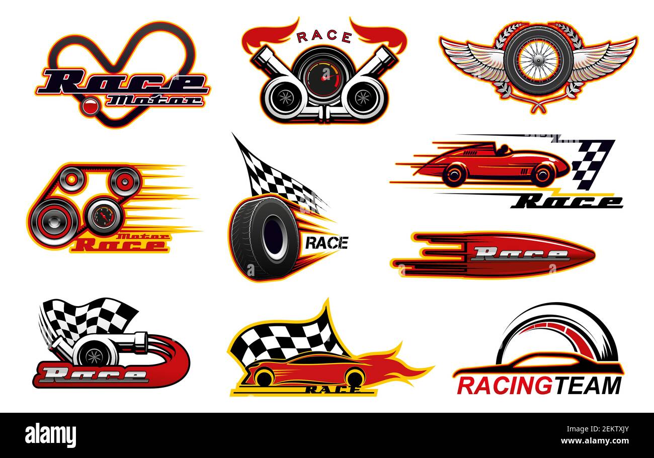 Car races, motor street racing engine and wheel fire flame icons. Vector  racing team club symbols, sportcar bolid burning flame and speedometer,  rally Stock Vector Image & Art - Alamy