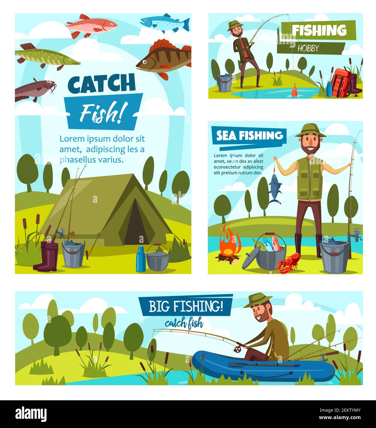 Sea fishing and big fish catch, fisher tackles, lures and equipment. Vector fisherman in rubber boat at river or lake with rod, fisherman camping tent Stock Vector