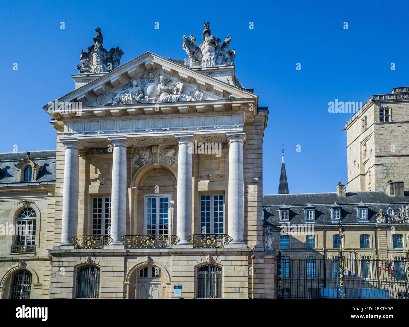east portal of the Palace of the Dukes and Estates of Burgundy at Place de la Libération in Dijon, Burgundy, with Tour Philippe le Bon towerin the bac Stock Photo