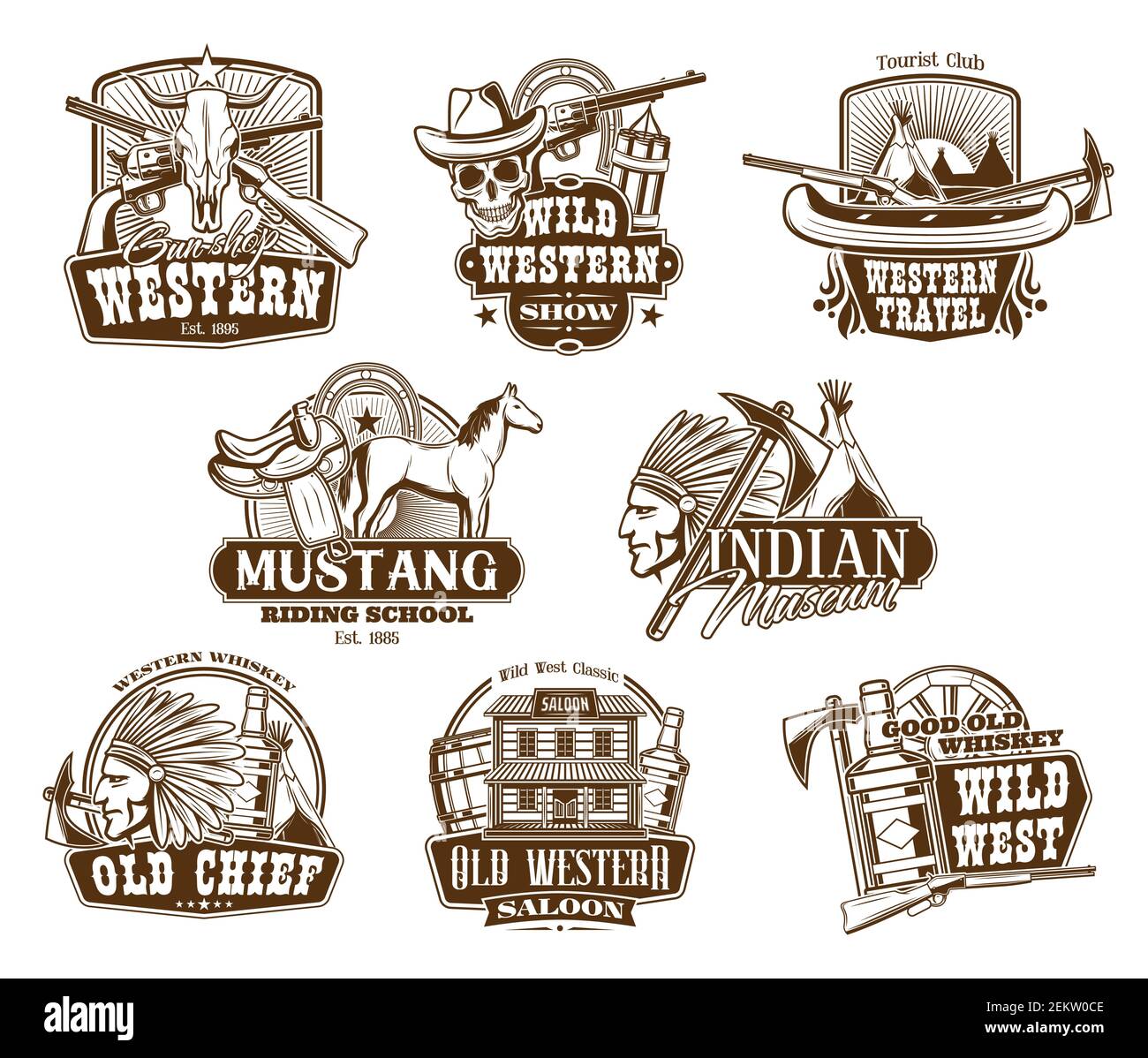 American Western icons, wild West show and rodeo riding school symbols. Vector Indigenous museum, Western travel club, whiskey bar saloon with longhor Stock Vector
