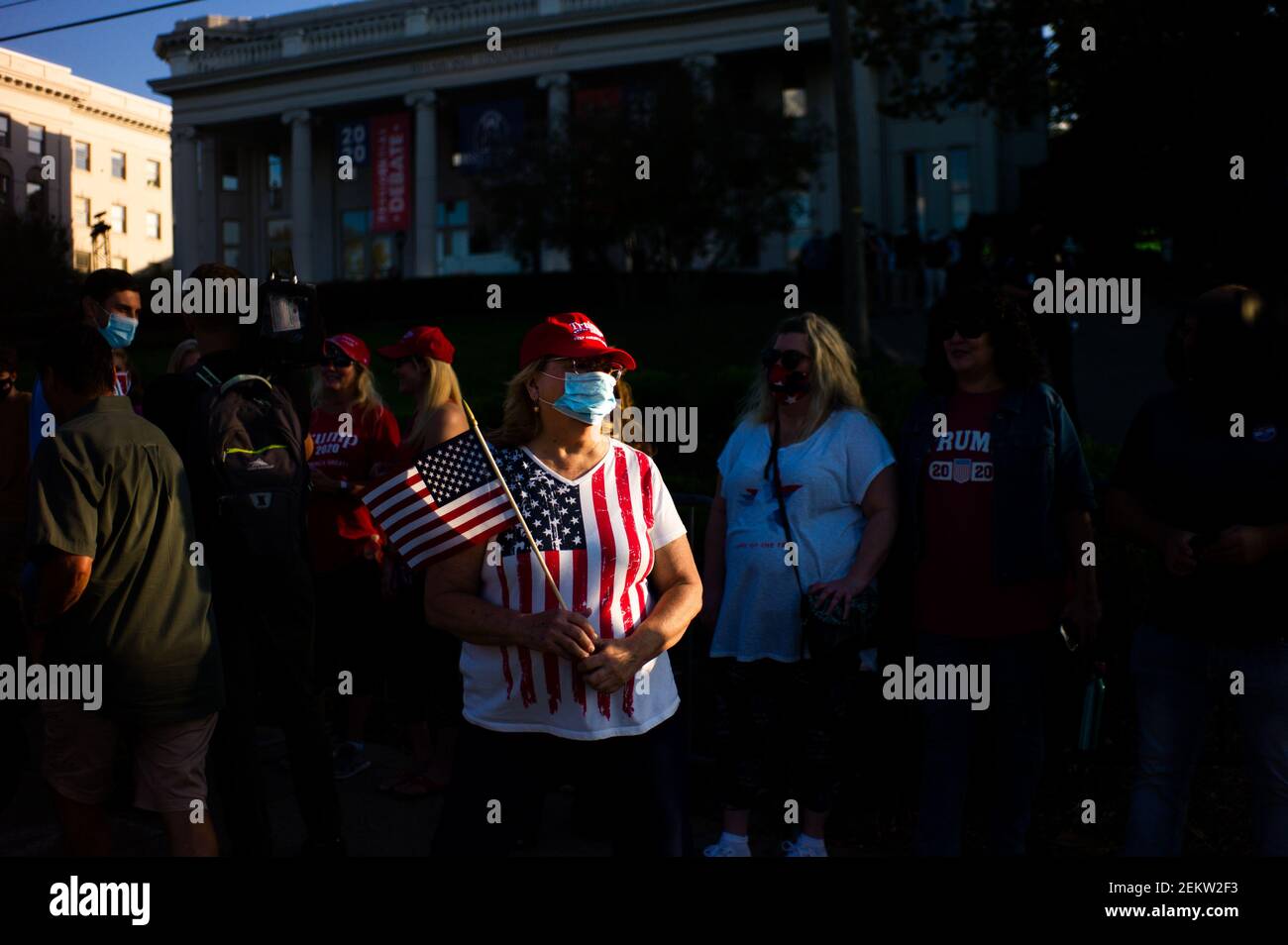 A supporter of President Donald Trump demonstrates before the final Presidential Debate at Belmont University in Nashville, Tennessee, on October 22, 2020. The debate is the final before the election contest between U.S. President Donald Trump and former Vice President Joe Biden. (Photo by Max Oden/Sipa USA) Stock Photo