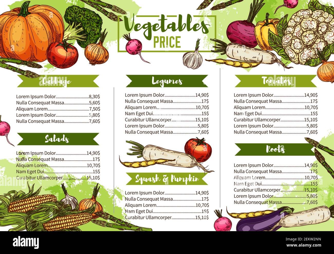 Vegetables, farm market veggies and organic vegetarian food menu price list. Vector dollar price for cabbages, salads and carrot and legumes, squash a Stock Vector