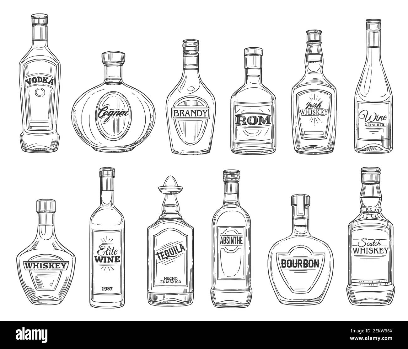 Alcohol drink bottles sketch icons, bar menu drinks and beverages. Vector isolated bottles of premium quality vodka, Irish and Scotch whiskey and wine Stock Vector
