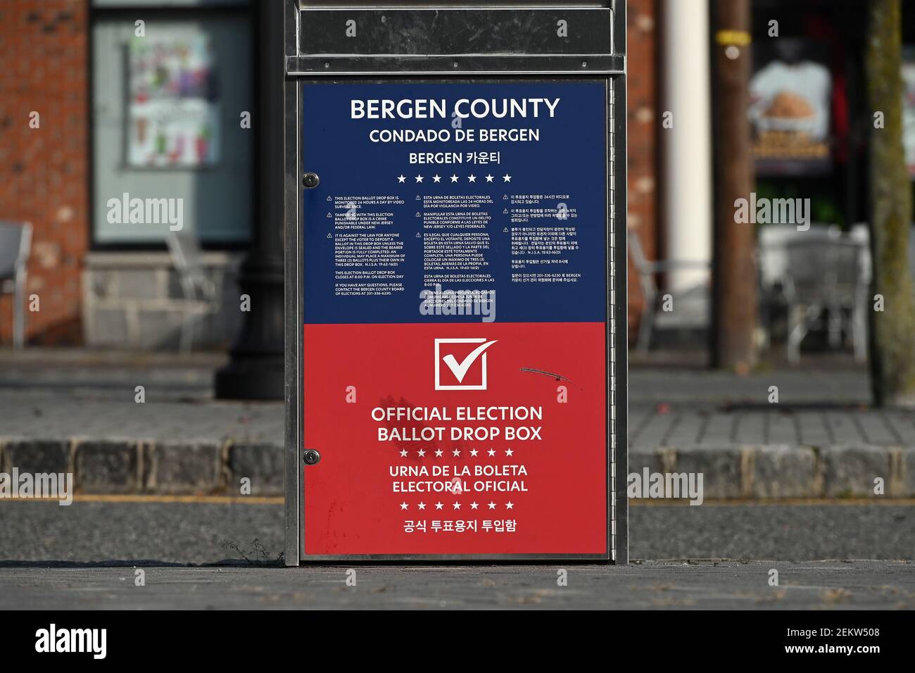 A Bergen County election ballot drop box stands outside the Fort Lee Community Center, in Fort