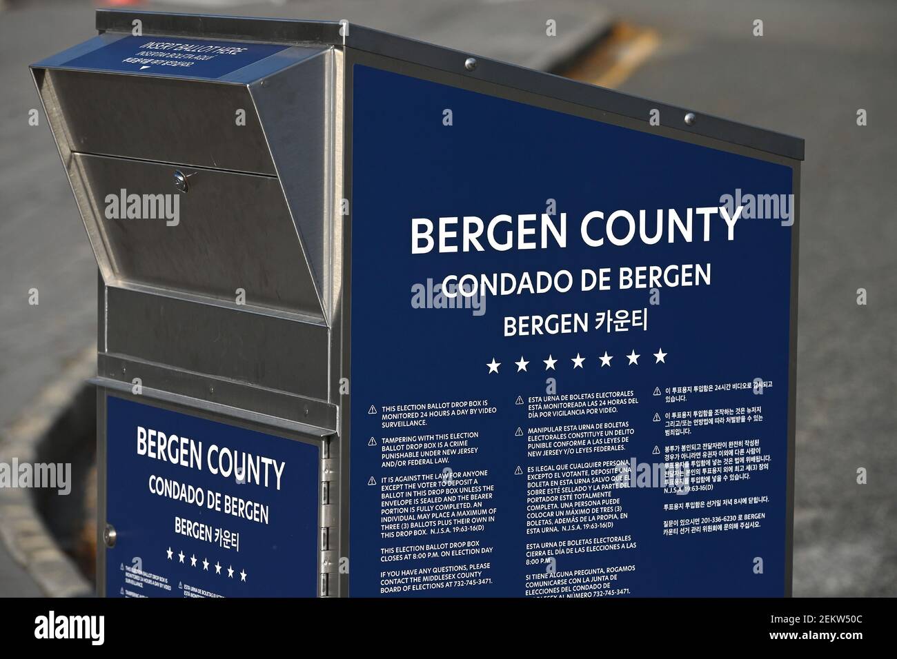 A Bergen County election ballot drop box stands outside the Fort Lee Community Center, in Fort