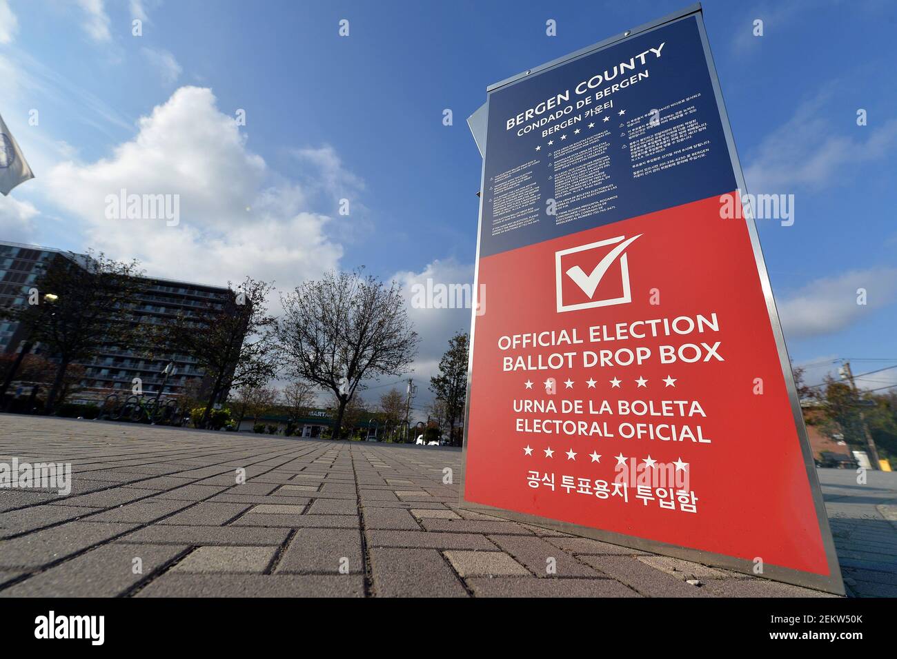 A Bergen County election ballot drop box stands outside the Fort Lee