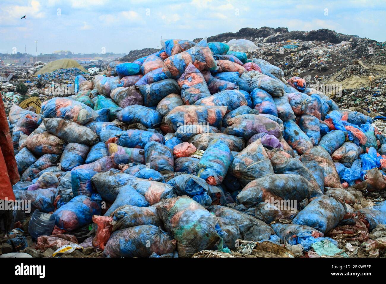 Recyclable plastic waste material is seen packed in blue bags at 