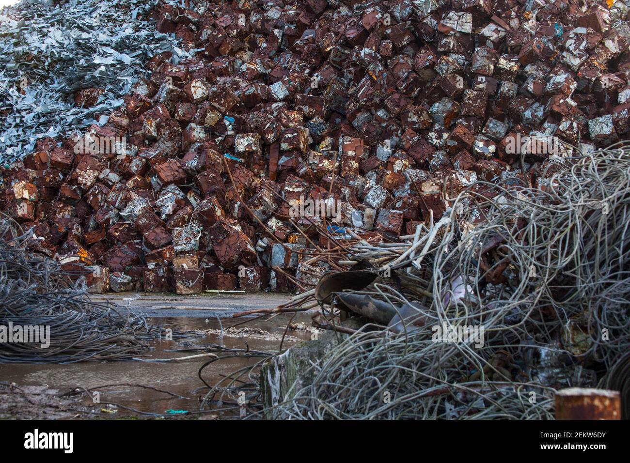 scrapmetal recycling, squares, cubes, compressed, metals, hill of
