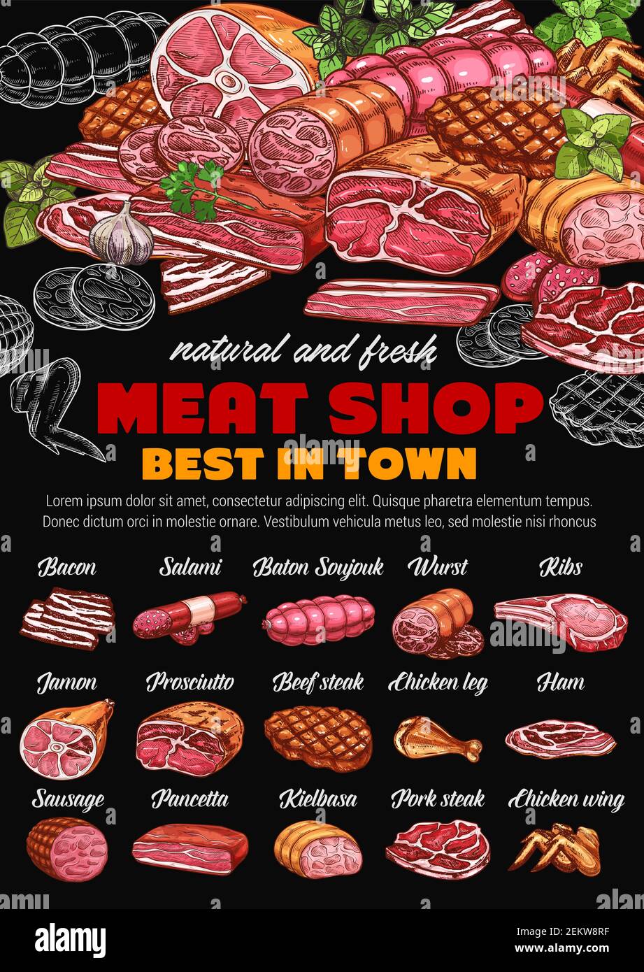 Meat shop, pork and beef sketches on chalkboard. Vector bacon and salami, baton soujouk and prosciutto , jamon and chicken leg. Butchery store sausage Stock Vector