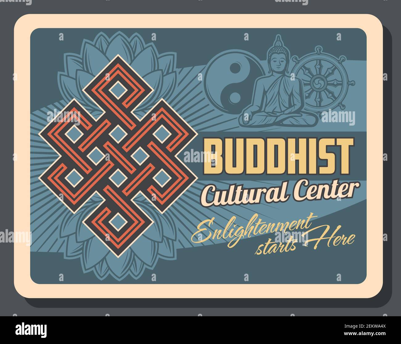 Buddhism religion yin yang symbol, Buddha statue and Dharma wheel